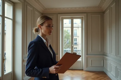 Experte immobilière évaluant un appartement haussmannien vide à Paris pour une estimation viager