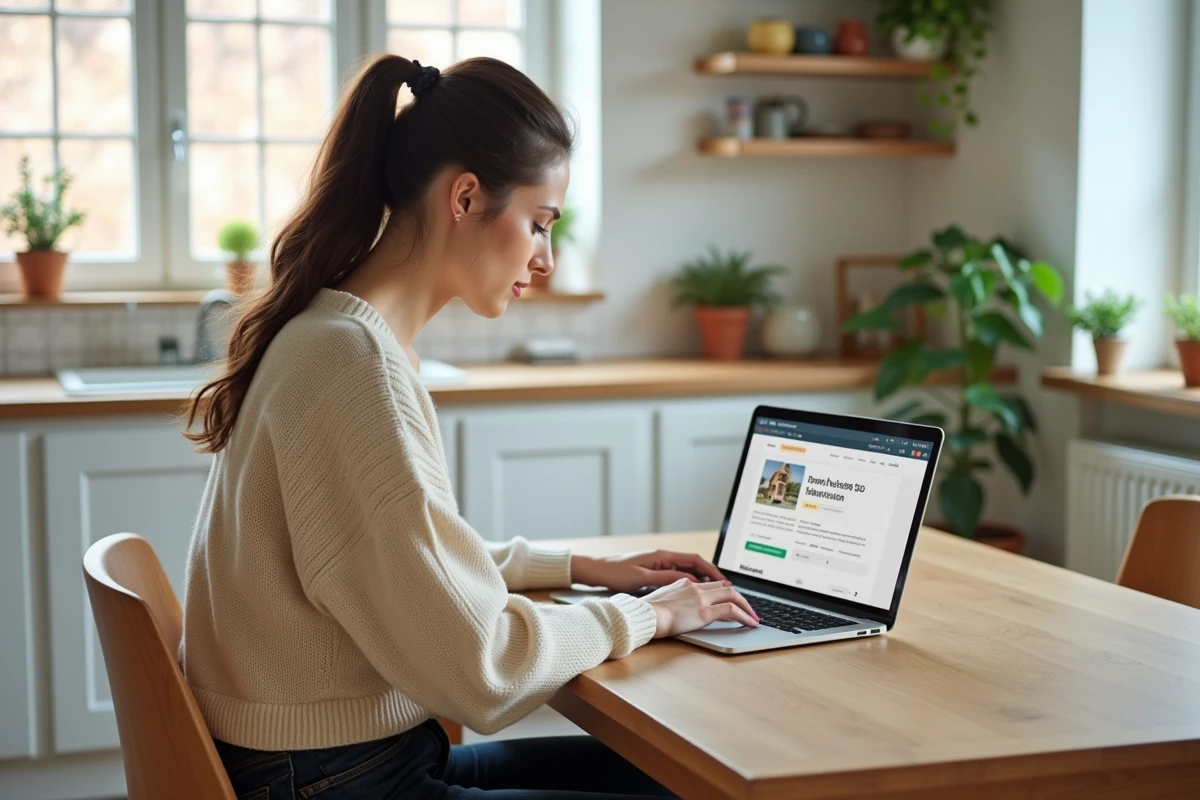 Femme réalisant une estimation immobilière en ligne depuis son domicile