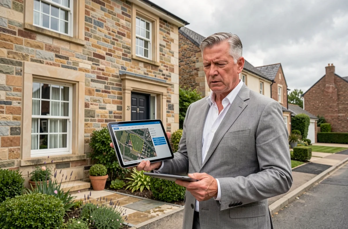 Expert immobilier consultant des données foncières sur tablette devant une maison résidentielle en pierre pour évaluer les risques immobiliers
