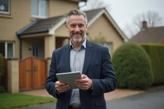 Expert immobilier évaluant une maison en extérieur avec une tablette numérique