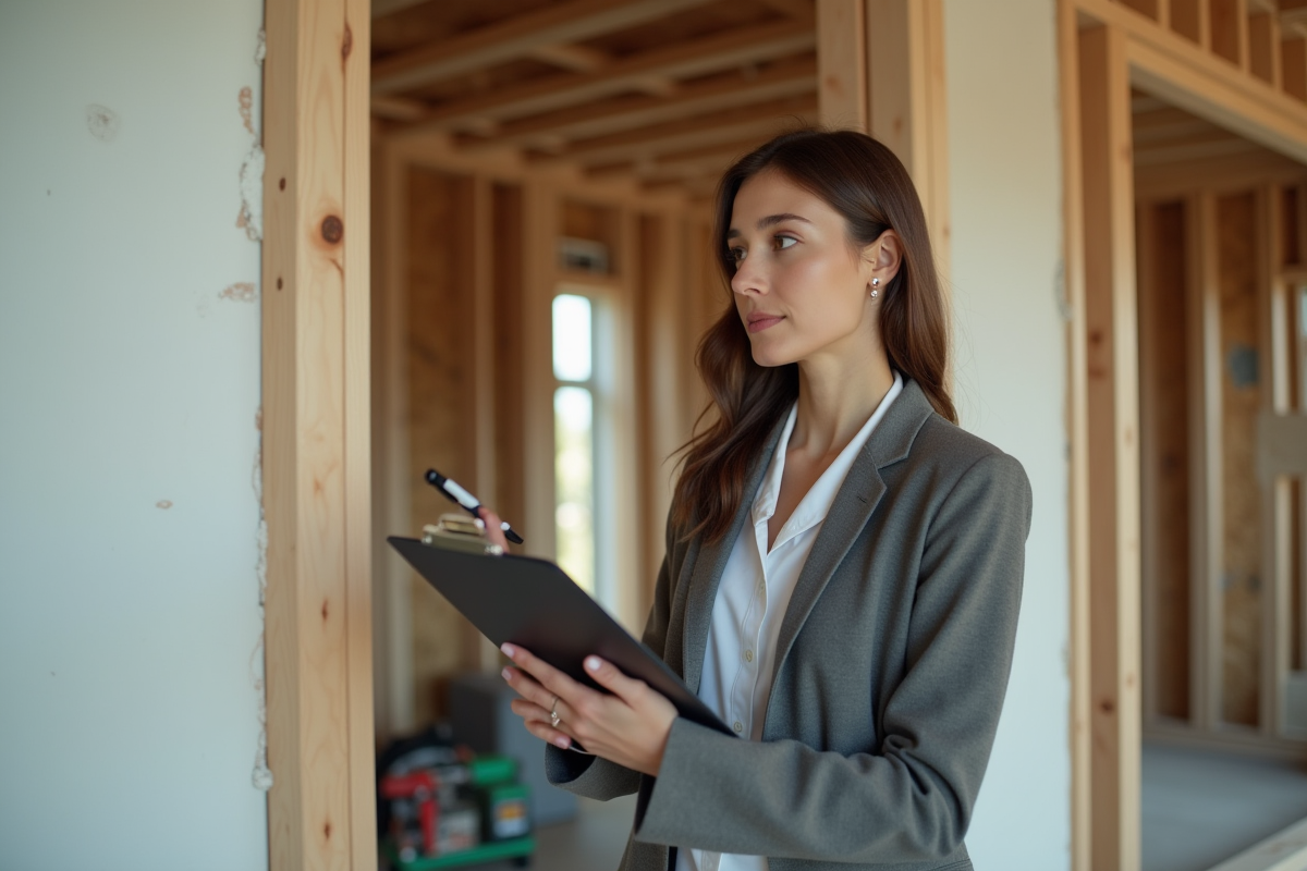 Jeune femme inspectant un mur en construction intérieure