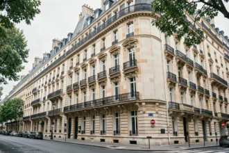 Façade d'immeuble haussmannien à Paris montrant l'alignement des balcons et des corniches sur plusieurs étages