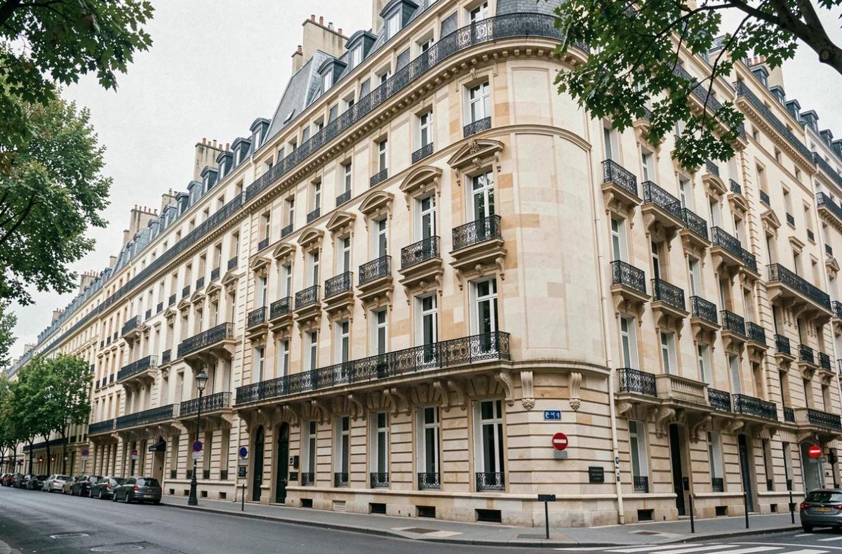 Façade d'immeuble haussmannien à Paris montrant l'alignement des balcons et des corniches sur plusieurs étages