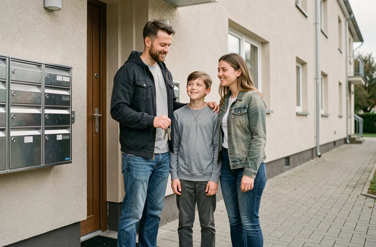 Famille devant l'entrée de leur nouveau logement social après l'attribution de leur appartement