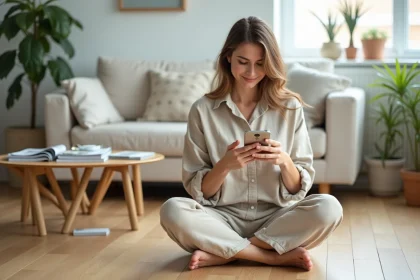 Femme utilisant une application de décoration intérieure sur smartphone dans un salon scandinave minimaliste