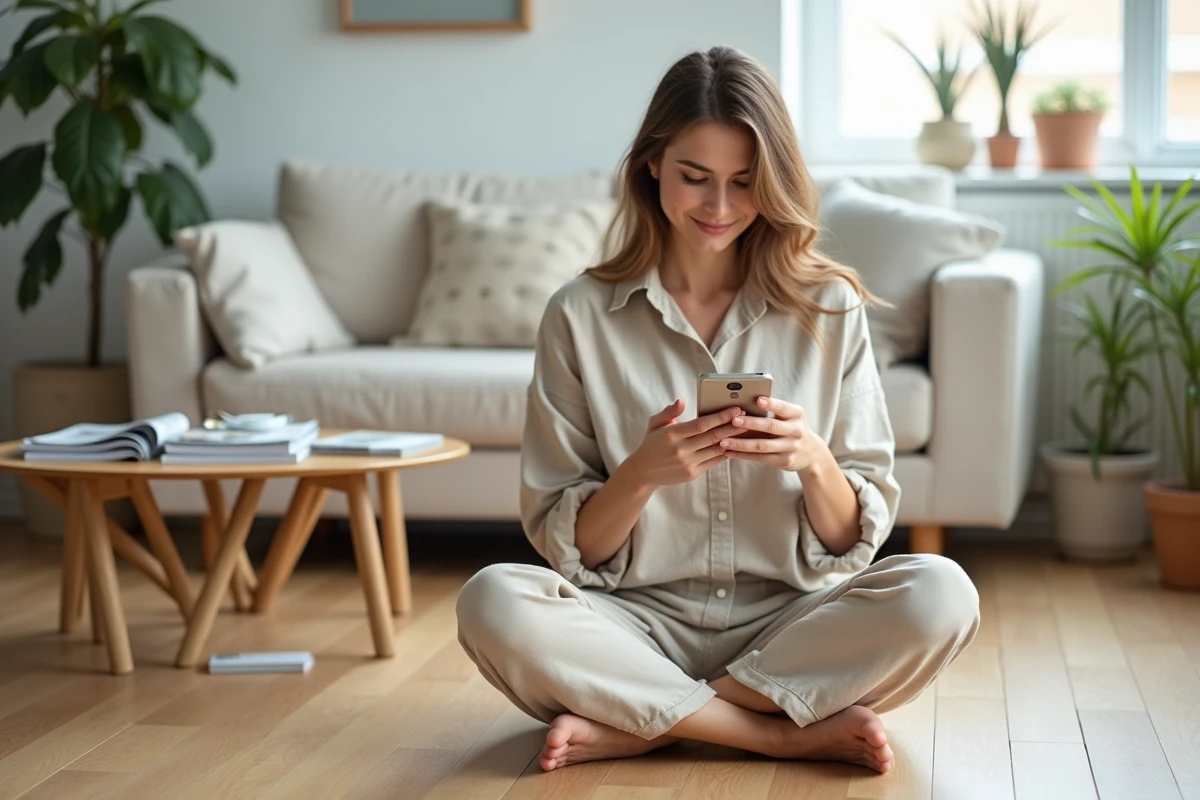 Femme utilisant une application de décoration intérieure sur smartphone dans un salon scandinave minimaliste