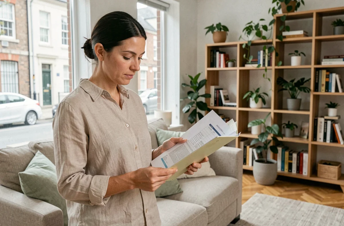 Femme consultant un dossier d'assurance multirisque habitation dans un salon moderne et bien meublé