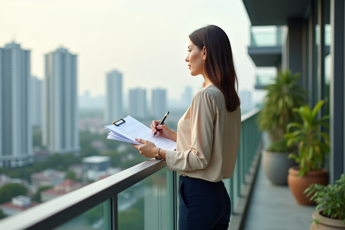 Femme regardant la ville depuis un balcon d