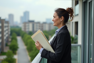 Femme d'âge moyen sur un balcon avec vue urbaine