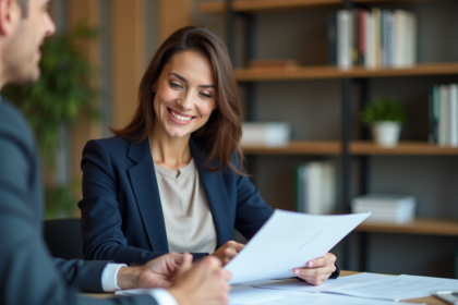 Femme professionnelle examinant documents de prêt immobilier