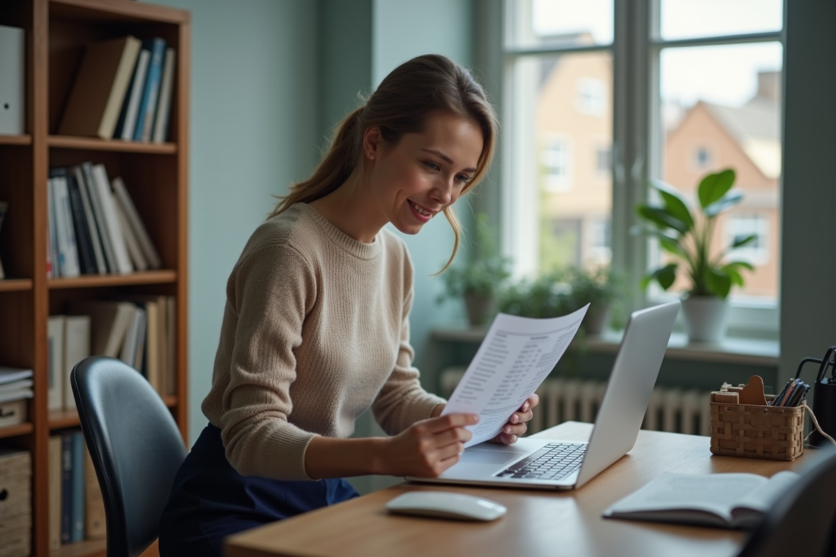 Femme assise à un bureau examinant des papiers immobiliers