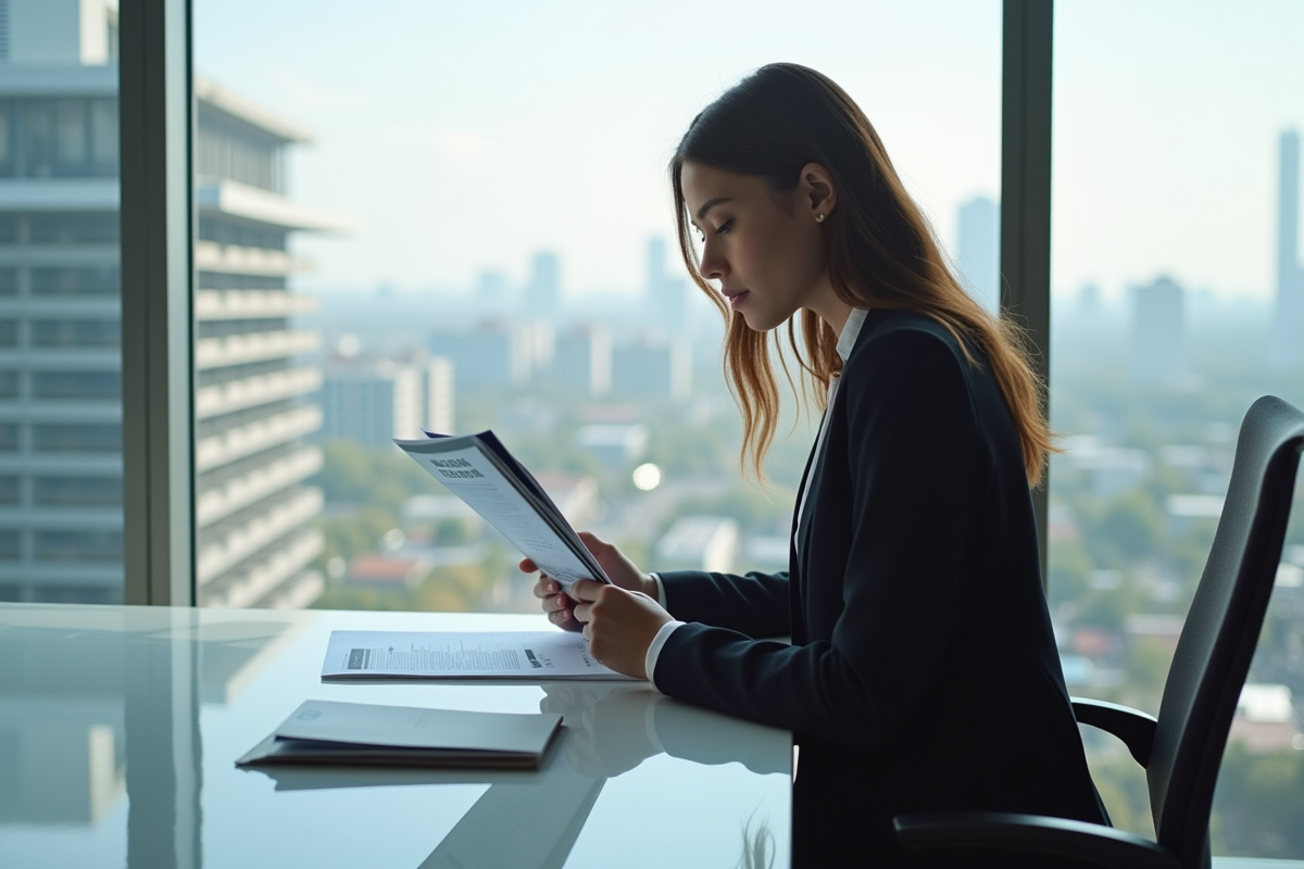Jeune femme lisant des documents dans un bureau moderne