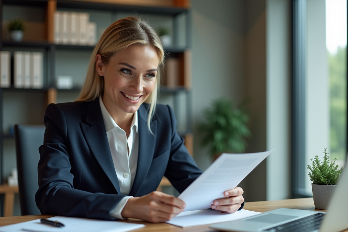 Femme professionnelle lisant une lettre dans son bureau