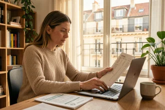 Femme consultant les prix de loyer à Lyon sur un ordinateur portable dans un appartement haussmannien