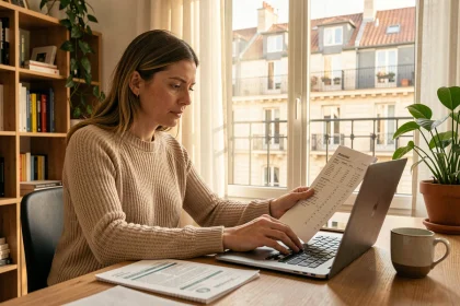 Femme consultant les prix de loyer à Lyon sur un ordinateur portable dans un appartement haussmannien