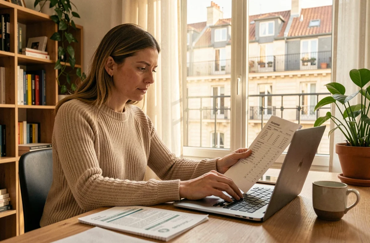 Femme consultant les prix de loyer à Lyon sur un ordinateur portable dans un appartement haussmannien