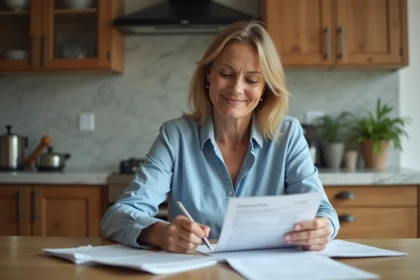 Femme souriante examinant un contrat d'assurance à la maison