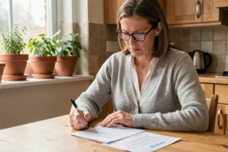 Femme examinant un contrat d'assurance habitation à sa table de cuisine, stylo à la main