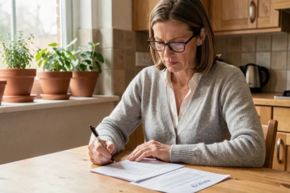 Femme examinant un contrat d'assurance habitation à sa table de cuisine, stylo à la main