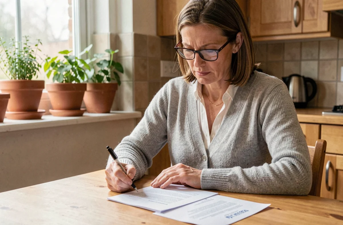Femme examinant un contrat d'assurance habitation à sa table de cuisine, stylo à la main