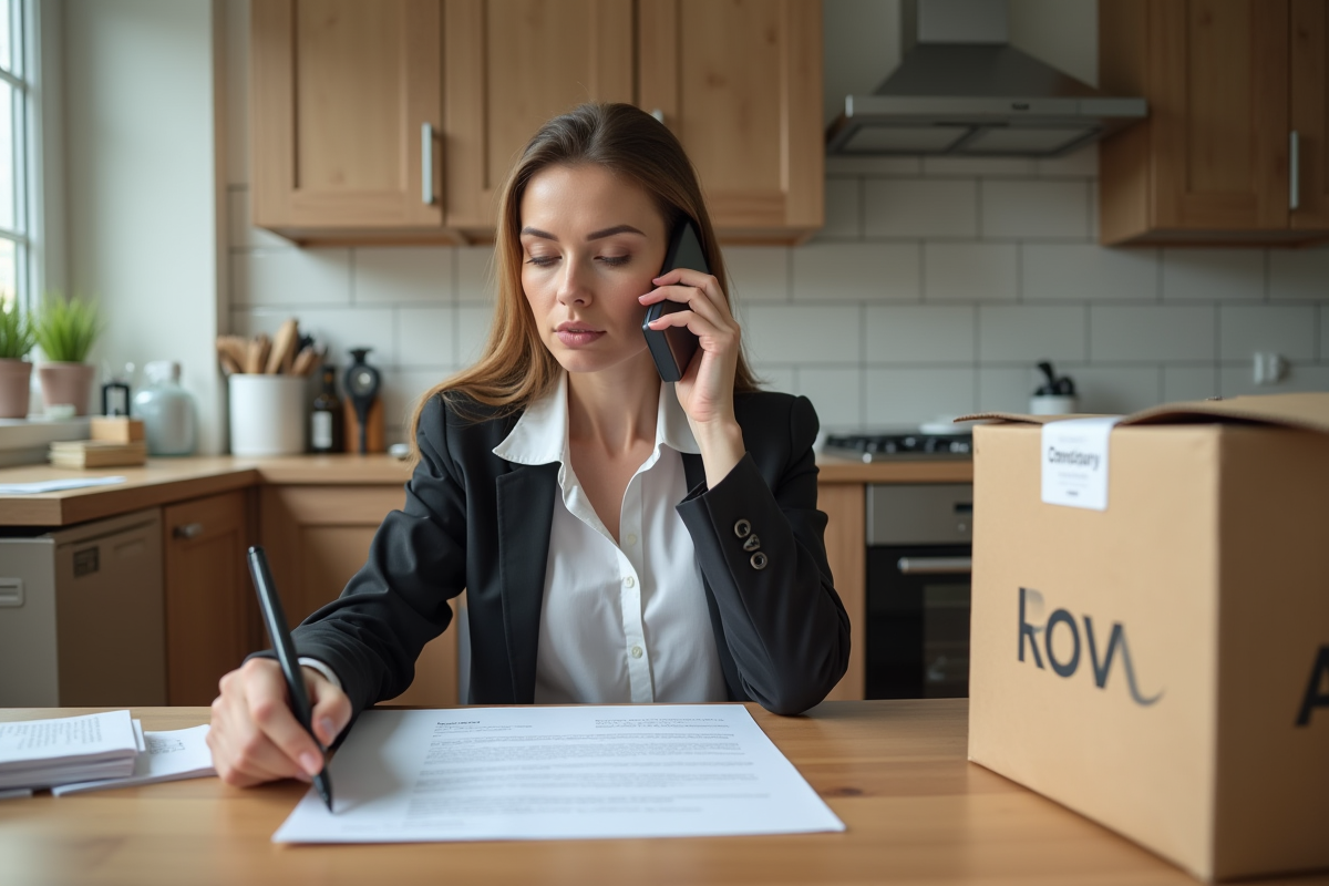 Femme au téléphone vérifiant un contrat de déménagement