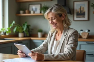 Femme d age moyen consulte des documents de location dans un appartement moderne