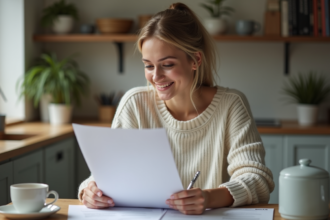 Jeune femme souriante vérifiant des documents de location