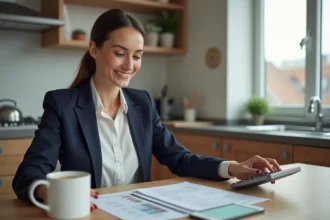Femme souriante examinant des documents de prêt immobilier