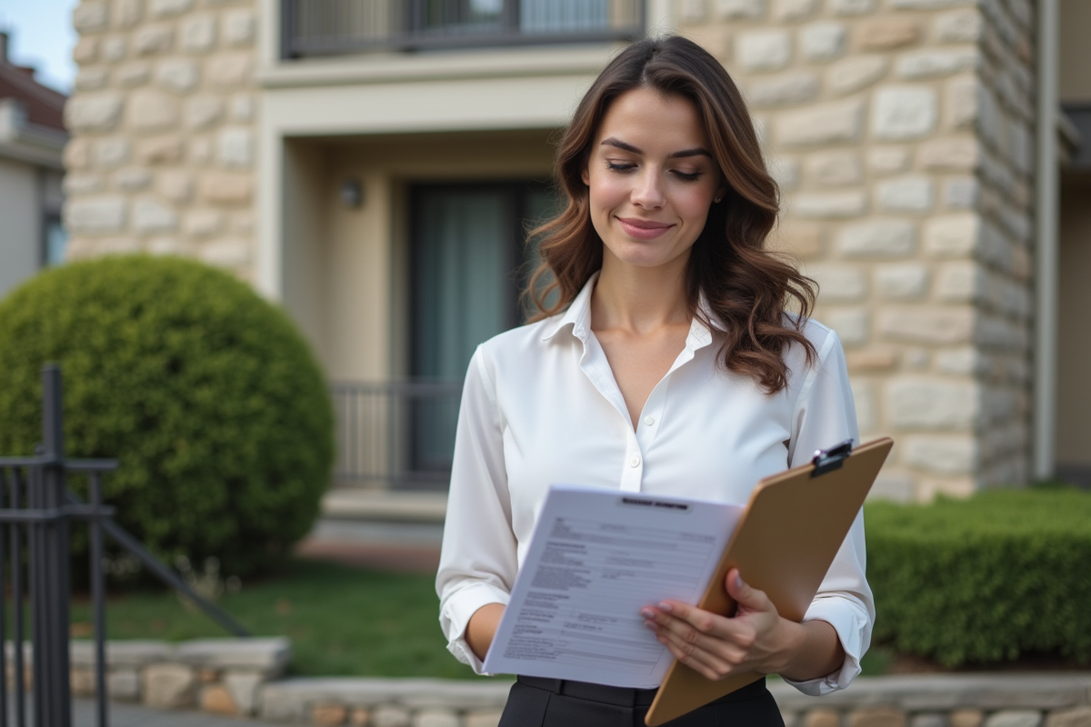 Jeune femme vérifiant des documents devant un immeuble