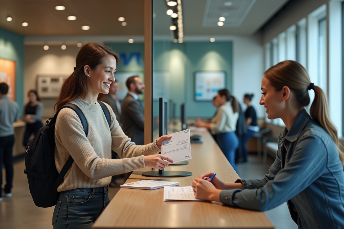 Jeune femme déposant un chèque au guichet de banque