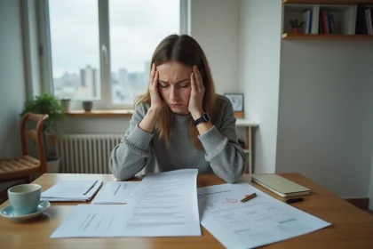 Jeune femme stressée consultant des documents de demande de logement social à la maison