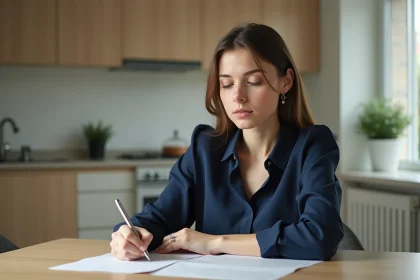 Jeune femme écrivant une lettre dans une cuisine lumineuse