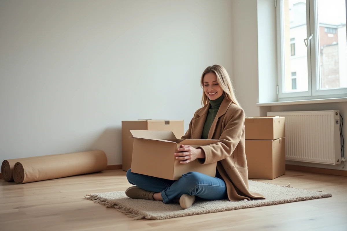 Femme souriante déballant dans un appartement vide