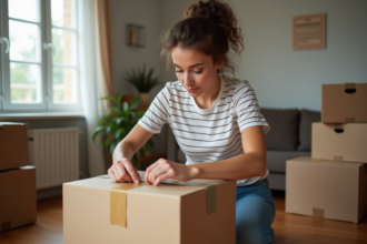 Jeune femme emballant une boxe de demenagement dans un appartement