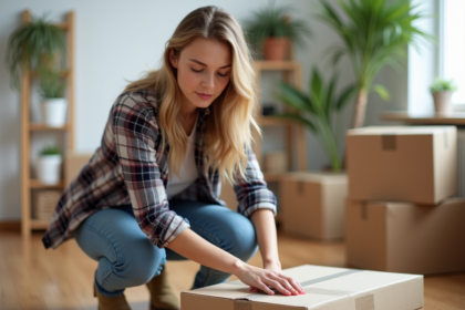 Jeune femme emballant des cartons lors d'un déménagement intérieur