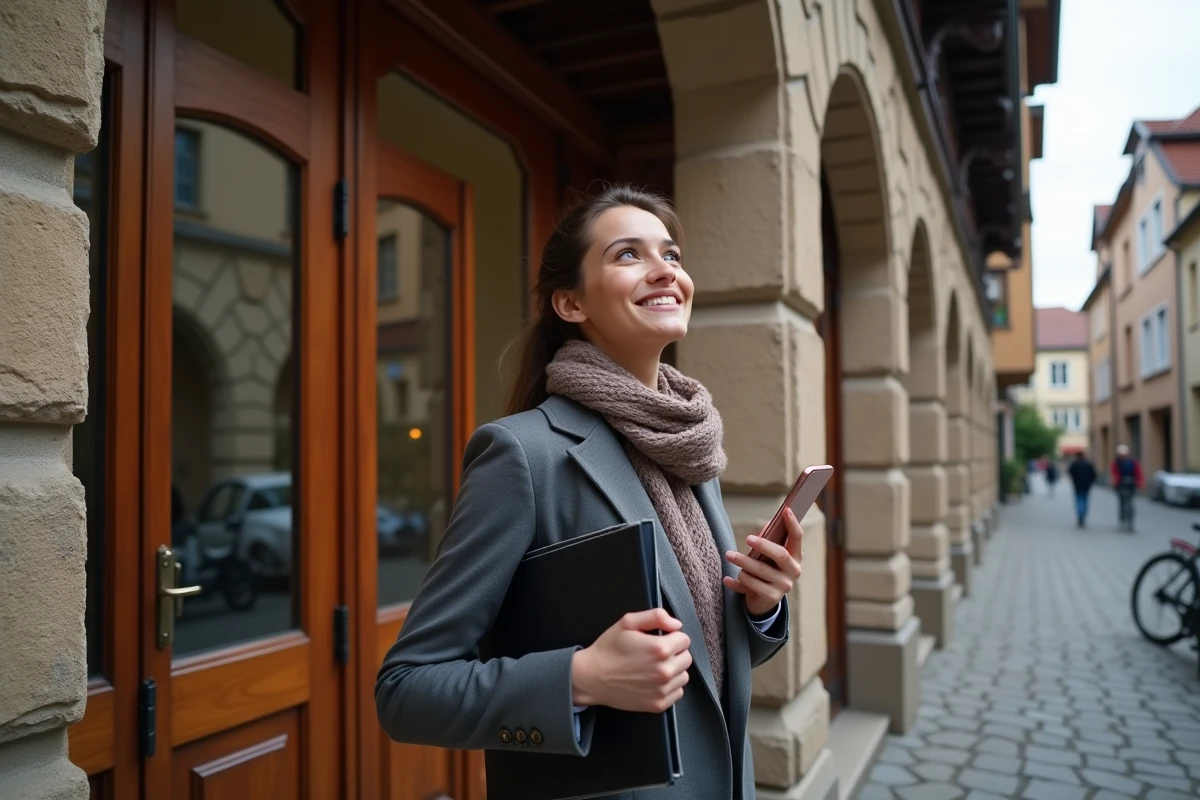 Jeune femme souriante devant un immeuble alsacien traditionnel