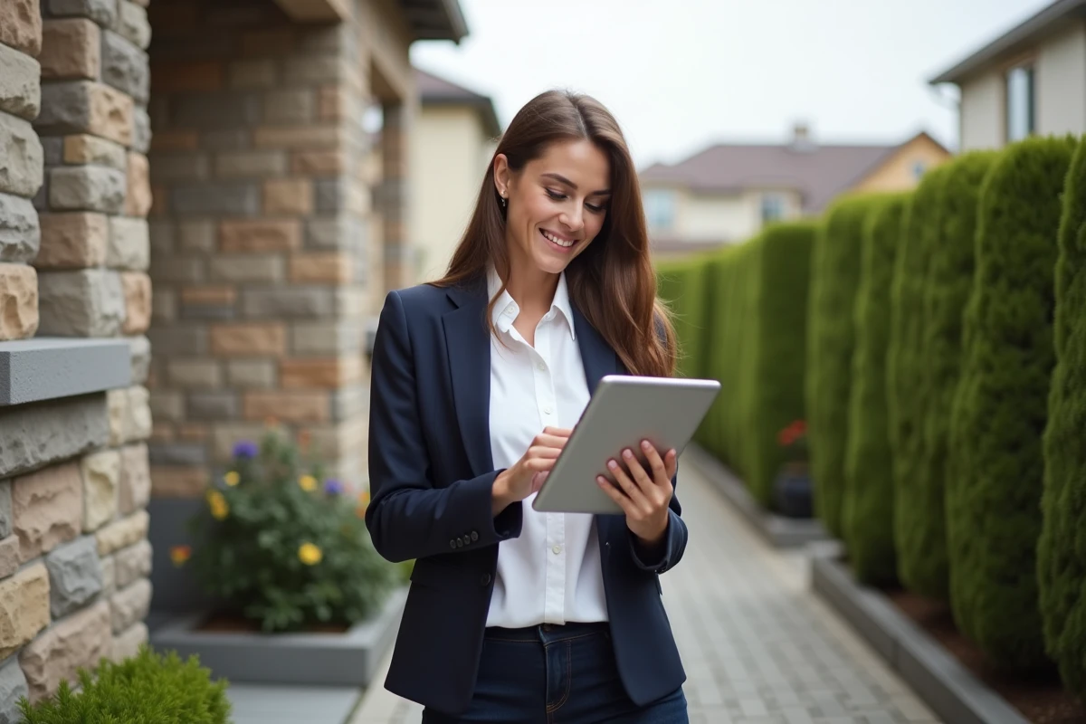 Jeune femme souriante vérifiant une estimation immobilière