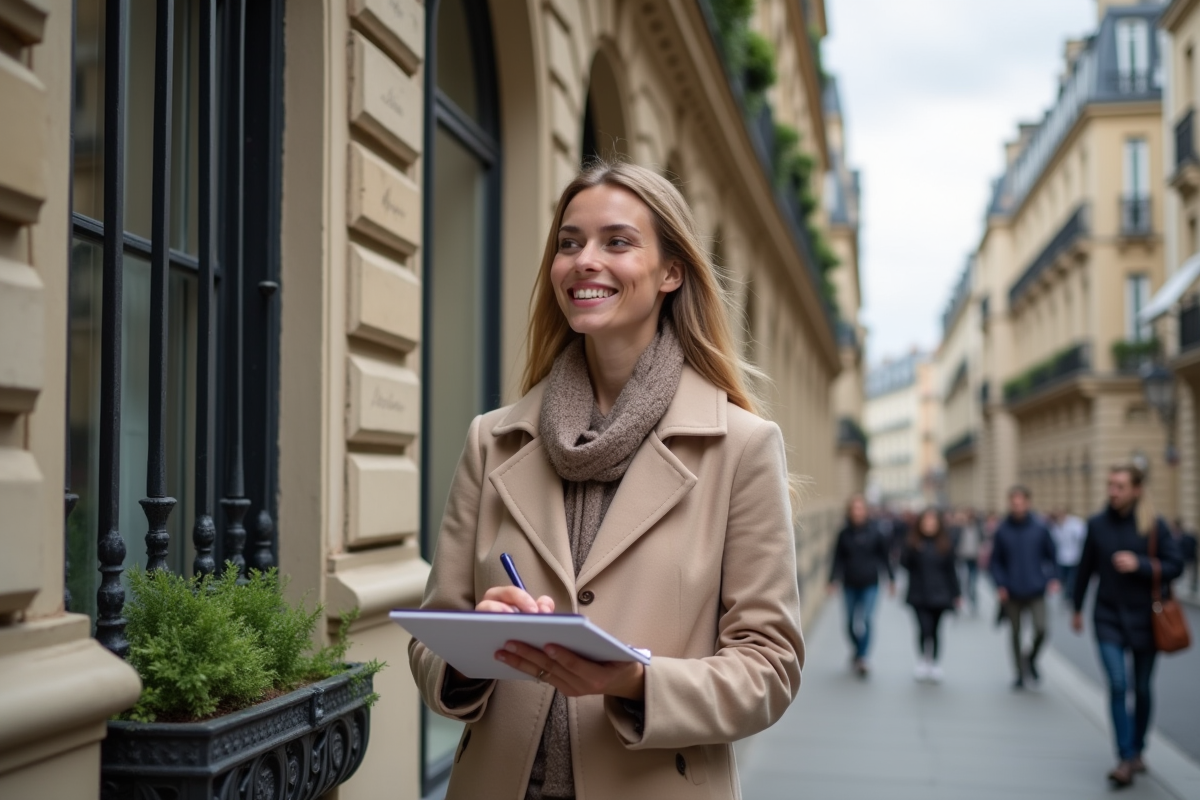 Jeune femme examine une façade de bâtiment parisien