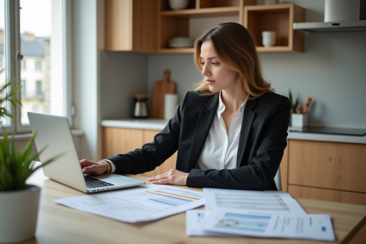 Femme organisée avec documents financiers dans un appartement moderne