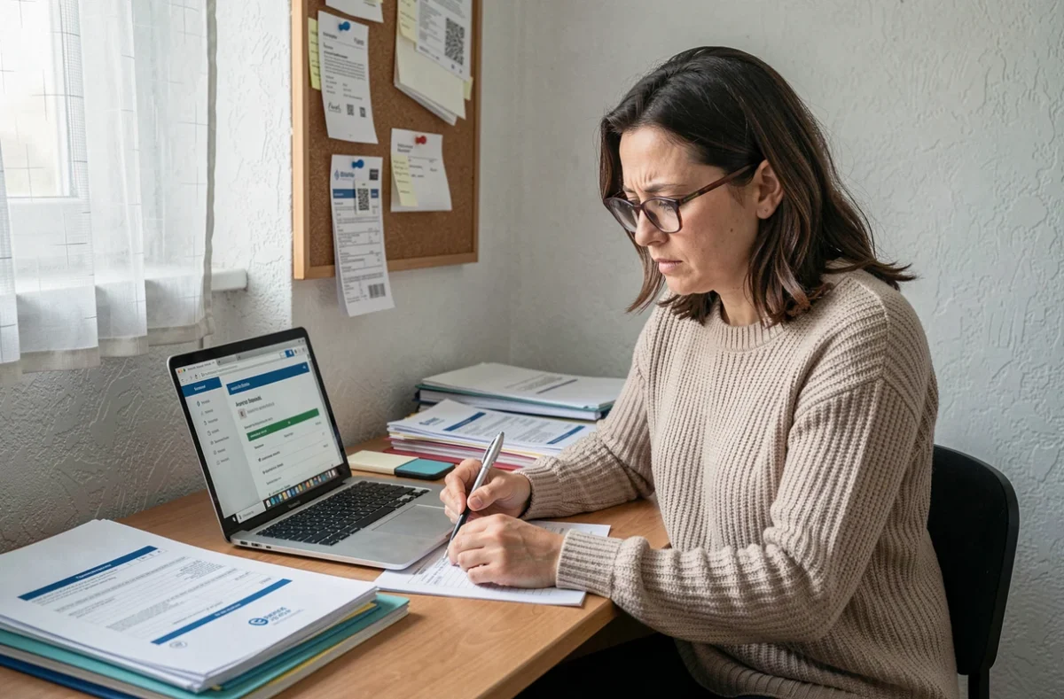 Femme remplissant un formulaire de calcul du surloyer SLS dans un appartement HLM avec simulateur en ligne