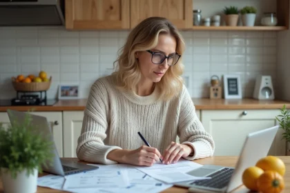 Femme réfléchissant à une évaluation immobilière à la maison