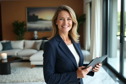 Femme élégante en costume navy dans un salon haut de gamme