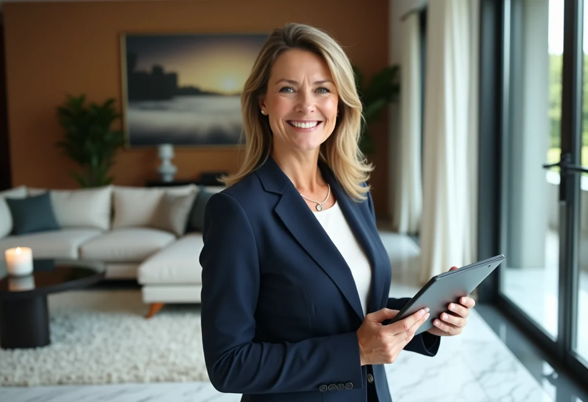 Femme élégante en costume navy dans un salon haut de gamme