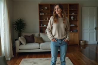 Femme examinant des meubles endommagés par l'eau dans un salon inondé