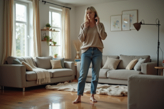 Femme inquiète parlant au téléphone près d'une flaque d'eau