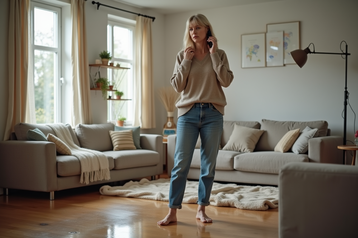 Femme inquiète parlant au téléphone près d'une flaque d'eau