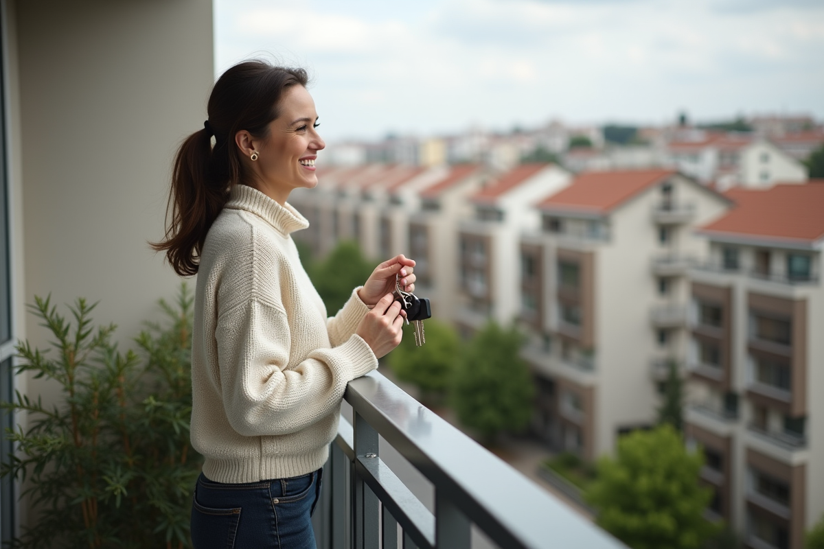 Femme souriante tenant des clés sur balcon d