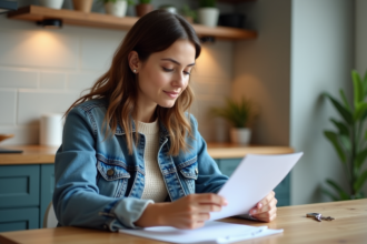 Jeune femme lit une police d'assurance dans sa cuisine