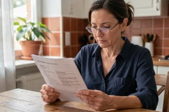 Femme lisant attentivement un contrat d'assurance habitation à la table de sa cuisine moderne