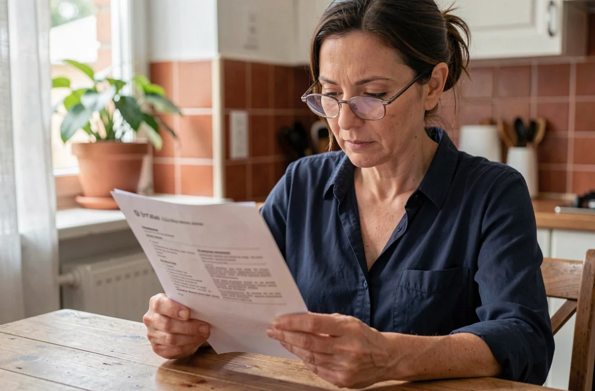 Femme lisant attentivement un contrat d'assurance habitation à la table de sa cuisine moderne